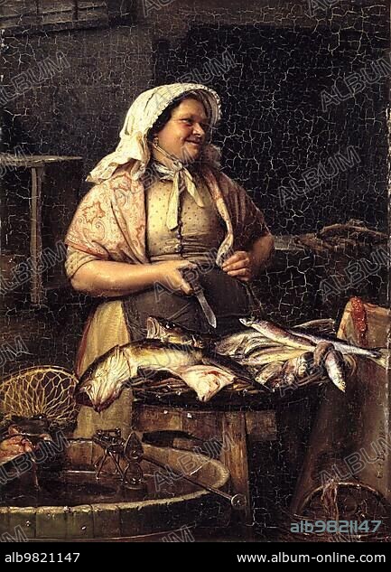 A Woman Selling Fish; Fishmonger; 1875; Painting by Carl Bloch; Historic; Digitally enhanced reproduction of an original from the period.