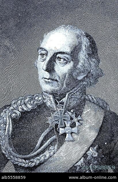 Johann David Ludwig Graf Yorck von Wartenburg, 26. September 1759, 4. Oktober 1830, war ein preußischer Generalfeldmarschall und Begründer der Adelsfamilie Yorck von Wartenburg, digitale verbesserte Reproduktion eines Originaldrucks aus dem 19. Jahrhundert.