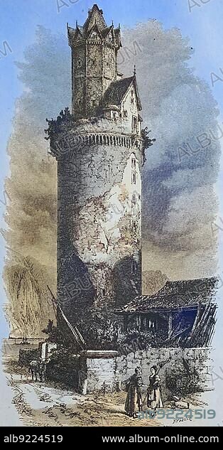 The Round Tower of Andernach in Germany is a large fortified defence tower, the 15th century keep of the town and Schauinsland, and a former watchtower of the town fortifications at the north-west corner of the medieval town wall, Historic, digitally restored reproduction from a 19th century original.