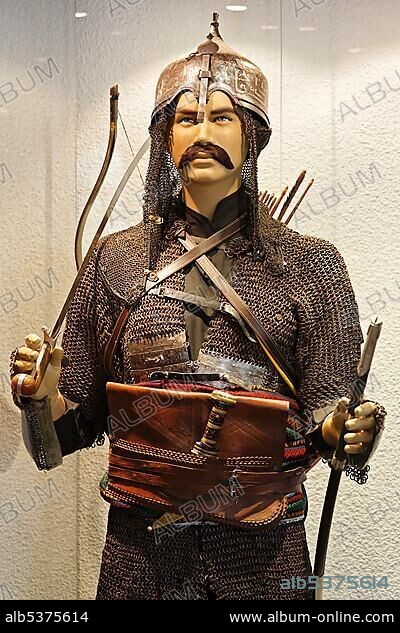 Manikin of an Ottoman archer with helmet and chain shirt, Janitschar, Military Museum, Askeri Mues, Osmanbey, Istanbul, Turkey, Asia.