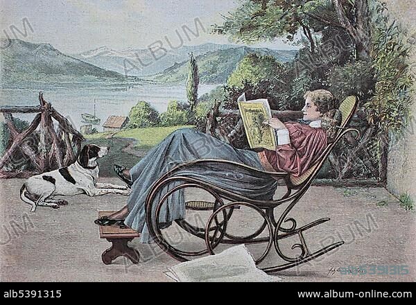 Woman reading a newspaper in a rocking chair, woodcut, 1888, historic engraving.