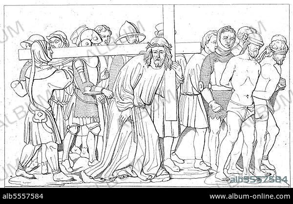 Jesus Christus trägt das Kreuz auf dem Weg zu seiner Kreuzigung, Historisch, digital restaurierte Reproduktion einer Originalvorlage aus dem 19. Jahrhundert.