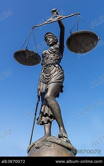 Justitia, bronze sculpture, blue sky, Bamberg, Upper Franconia, Bavaria, Germany, Europe.