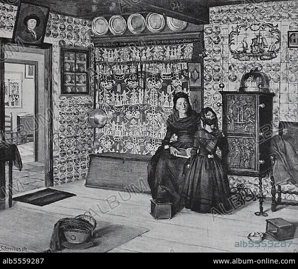 Königspesel, ein friesisches Zimmer aus dem 18. Jahrhundert, Hallig Hooge, Deutschland, Historisch, digitale Reproduktion einer Originalvorlage aus dem 19. Jahrhundert.