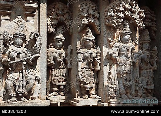 Images of deities on the wall of Kesava Temple, Keshava Temple, Hoysala style, Somnathpur, Somanathapura, Karnataka, South India, India, South Asia, Asia.