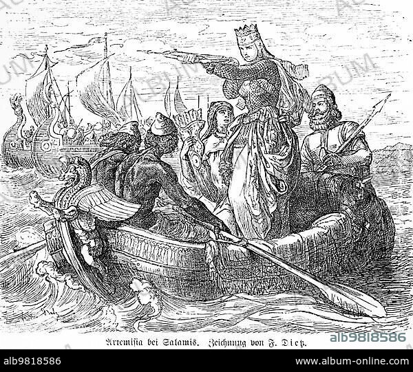 Queen Artemisia in the naval battle of Salamis; ancient Greece; heroine; Persians; Greeks; warships; sailing ships; sea; boat; crossbow; shooting; Kingdom of Caria; royal crown; important woman; history; historical illustration 1894.
