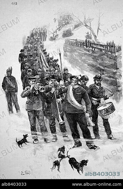 Fire brigade parade in 1889, here in Herrnskretschen, today Hrensko, Czech Republic, Historic, digitally restored reproduction of an original 19th century pattern, exact original date unknown, Europe.