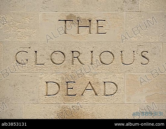 Lettering "The Glorious Dead", The Cenotaph War Memorial, Whitehall, London, England, United Kingdom, Europe.