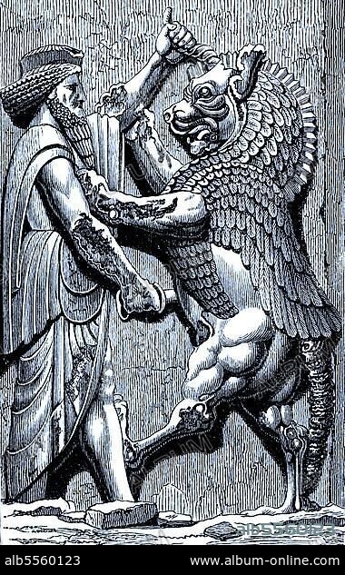 Das ahrimanische Tier wird vom König getötet, Teil des großen Reliefs der Hundert-Säulen-Halle des Darius-Palastes zu Persepolis, Iran, Historisch, digital restaurierte Reproduktion einer Originalvorlage aus dem 19. Jahrhundert, genaues Originaldatum nicht bekannt, Asia.