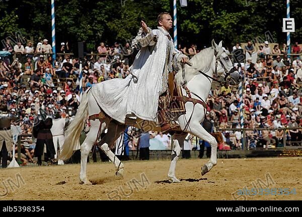 Roman Roell on a white horse, Knights' Tournament in Kaltenberg, Upper Bavaria, Bavaria, Germany, Europe.