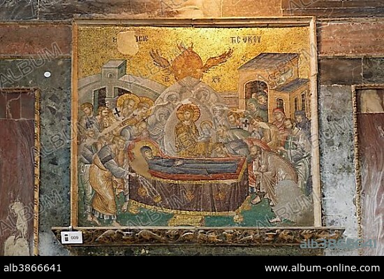 Mosaic of the Death of the Virgin Mary, Koimesis, in Naos, Chora Church or Kariye Camii, Edirnekapi, Fatih, Istanbul, European side, Istanbul Province, Turkey, European side, Europe.