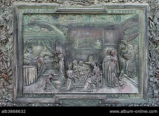 Bronze relief at the entrance portal, west facade, Cathedral of Santa Maria Assunta, Piazza del Duomo, Piazza dei Miracoli, Province of Pisa, Tuscany, Italy, Europe.