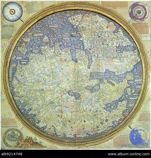 Fra Mauro map, 1460, Fra Mauro's map of the world is a historical map of the world, Mappa mundi, made by the Venetian monk and cartographer Fra Mauro from 1457 to 1459 on behalf of the Portuguese King Alfonso V, Historical, digitally restored reproduction of a 19th century original, exact date unknown.
