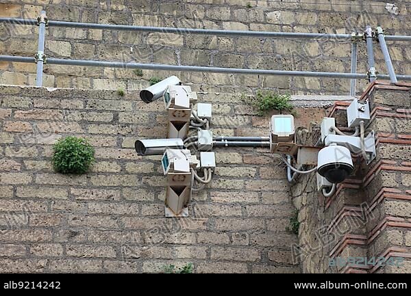Surveillance cameras in the ruined city of Herculaneum, Campania, Italy, Europe.