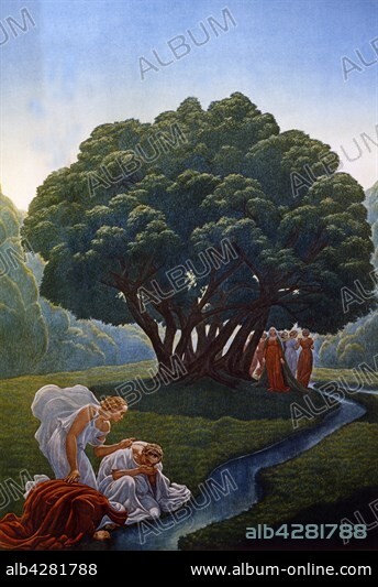 Amos Nattini (1892-1985), "The Divine Comedy" by Dante Alighieri (1265-1321). Purgatorio (Purgatory), Canto XXXIII, The Earthly Paradise. Dante and Statius drink the water from the River Eunoë. Dante is ready for his ascent to Heaven.. Private collection.. In 1921, for Dante Aligheri's 600th anniversary of death, the Istituto Nazionale Dantesco chose Amos Nattini to illustrate The Divine Comedy. The illustrations have been published in 1923.