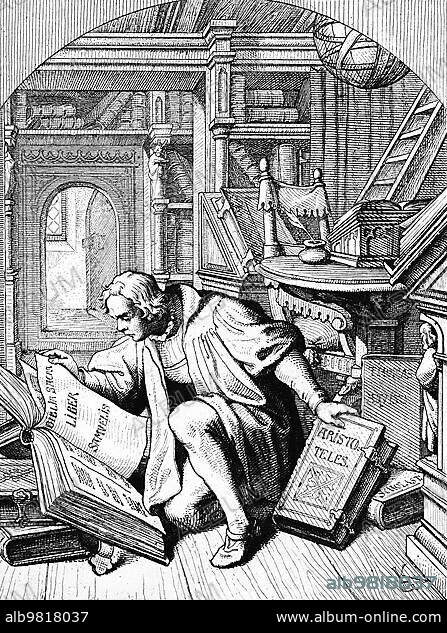 Martin Luther discovers a Latin Bible; Erfurt University Library; Germany; language; Latin; books; university; shelves; Aristoreles; 16th century; historical illustration around 1860; Europe.