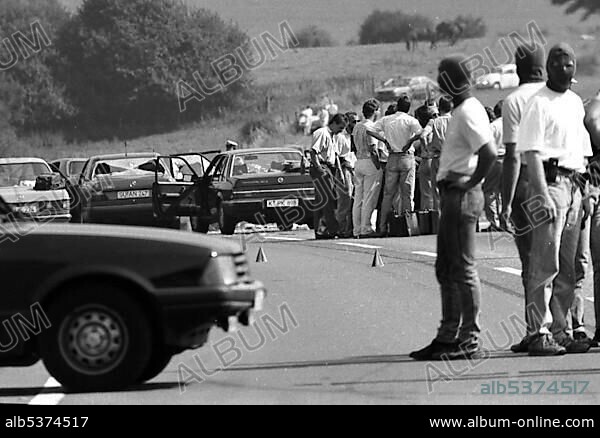 After a hostage taking in Gladbeck, a special police task force tried to overpower the kidnappers with armed force, during this police operation, Hans-Juergen Roesner shot dead the hostage Silke Bischoff and wounded her friend Ines Voitl with a grazing shot, near Bad Honnef, North Rhine-Westphalia, Germany, Europe.