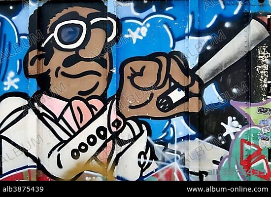 Graffiti of a marijuana smoker, Freetown Christiania, Fristad Christiania, alternative residential area, Christianshavn, Copenhagen, Denmark, Europe.