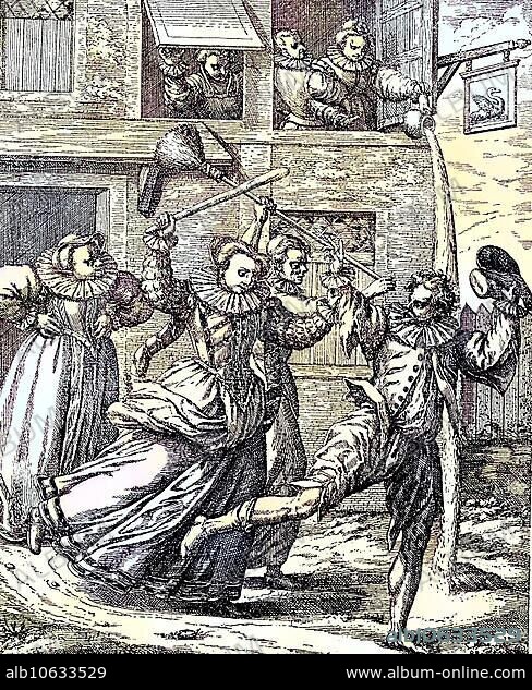 A robbed visitor of the brothel is dispersed by the woman, 16th century, digitally improved reproduction from a publication of the year 1880, a robbered visitor of the brothel is dispersed by the woman, 16th century, digitally improved reproduction from a publication of the year 1880.