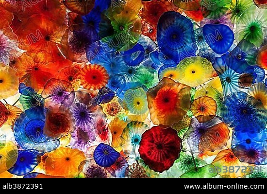 Colourful hand blown glass flowers, lobby ceiling in Bellagio Hotel, Las Vegas, Nevada, USA, North America.