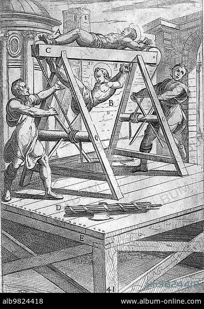 Torture; double stretching; the victims are stretched on a rack by torturers; Historical; digitally restored reproduction from a 19th century original.