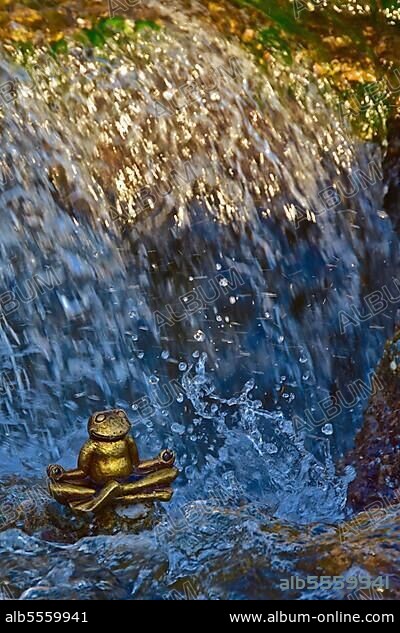 Meditating golden frog from above, top view, golden frog figure meditating at the waterfall, splashing water, rushing river, meditation, frog meditating, relaxation, mind exercises, mindfulness training, yoga, Buddhism, autogenic training, spirituality, meditate, Om, Siddhartha Gautama.