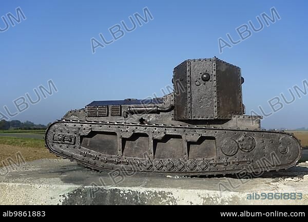 Model of WWI Medium Mark A Whippet at the Tank Corps Memorial, First World War One monument at Pozières, Battle of the Somme, France, Europe.