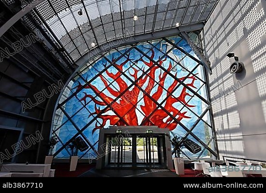 Stained-glass window by Joerg Immendorf, Galeria, Messe Essen exhibition centre, Essen, Ruhr region, North Rhine-Westphalia, Germany, Europe.