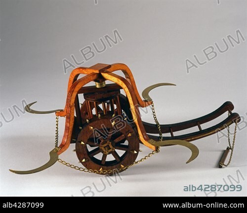 Scythed chariot. Model made after a drawing by Leonardo Da Vinci from the Codice Atlantico . Private collection . The Codice Atlantico (Atlantic Codex) is a collection of drawings and notes by Leonardo Da Vinci preserved in Milan's Biblioteca Ambrosiana.