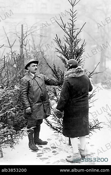 Christmas tree for sale ca. 1930, exact location unknown, Germany, Europe.