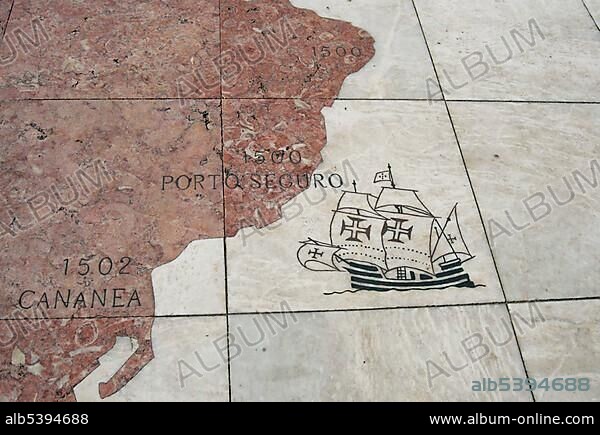 Discovery of Brazil in 1500 by the Portuguese, detail of a giant world map at the foot of the Monument to the Discoveries, Padrao dos Descobrimentos, Belem, Lisbon, Portugal, Europe.