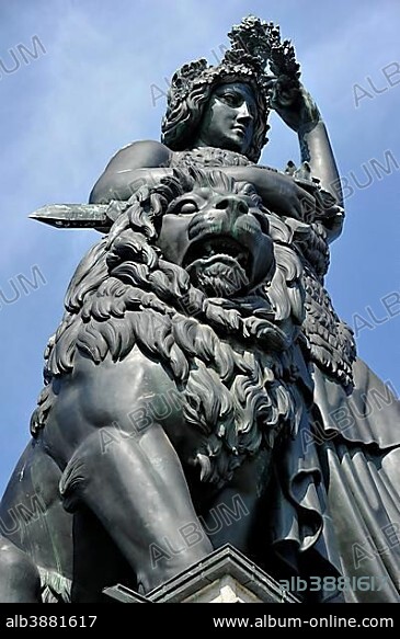 Bronze statue of Bavaria in front of the Ruhmeshalle building, Munich, Upper Bavaria, Bavaria, Germany, Europe.