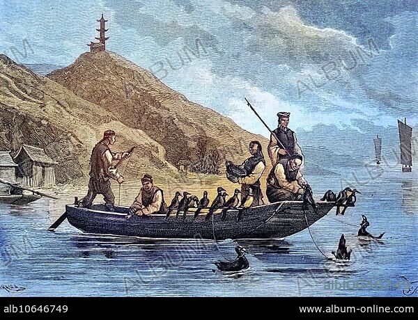Cormorant fishermen, Li River, Guilin, Fishing with the cormorants, Phalacrocoracidae, in China, reproduction of an image, woodcut from the year 1881, digitally restored, historical, Fishing with the cormorants, reproduction of an image, woodcut from the year 1881, digitally improved, historical.