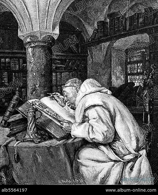Mönch ist beim Schreiben einer Bibel in der Bibliothek des Klosters eingeschlafen, Historisch, digital restaurierte Reproduktion einer Originalvorlage aus dem 18. Jahrhundert, genaues Originaldatum nicht bekannt.