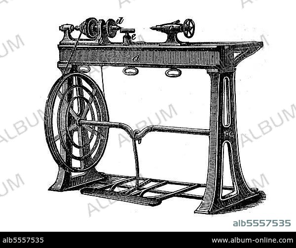 Industriemaschinen 1890: Drehmaschine, Drehbank, digital restaurierte Reproduktion einer Originalvorlage aus dem 19. Jahrhundert.