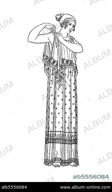 Frau in einem Chiton Kleid, im antiken Griechenland das von Männern und Frauen unmittelbar am Körper getragene Unterkleid, Historisch, digitale Reproduktion einer Originalvorlage aus dem 19. Jahrhundert.