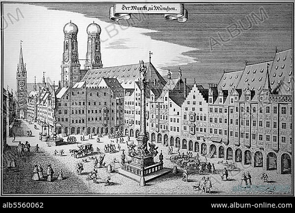 Marktplatz in München mit Frauenkirche, Oberbayern, Bayern, Deutschland, Historisch, digital restaurierte Reproduktion einer Originalvorlage aus dem 18. Jahrhundert, genaues Originaldatum nicht bekannt.