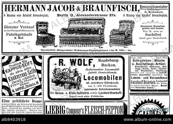 Various advertisements, Hermann Jacob & Braunfisch furniture, Locomobile, Kappus soap, mountain linen, from a magazine from, 1890, Germany, Historic, digitally restored reproduction of an original 19th century original, exact original date unknown, Europe.