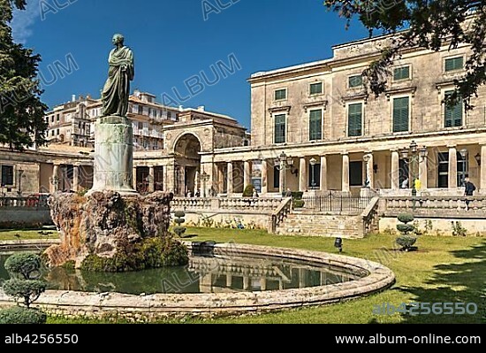 Hadrian sculpture in front of the Palace of St. Michael and St. George, Museum of Asian Art, Corfu City, Island of Corfu, Greece, Europe.