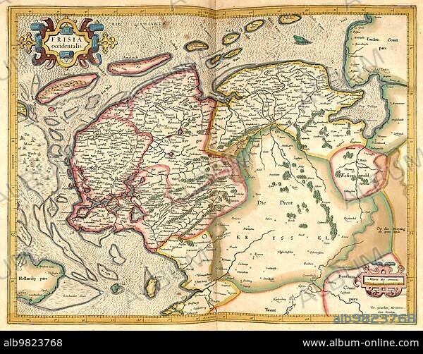 Atlas; map from 1623; Friesland and North Sea coast; Germany; digitally restored reproduction from an engraving by Gerhard Mercator; born as Gheert Cremer; 5 March 1512; 2 December 1594; geographer and cartographer; Europe.