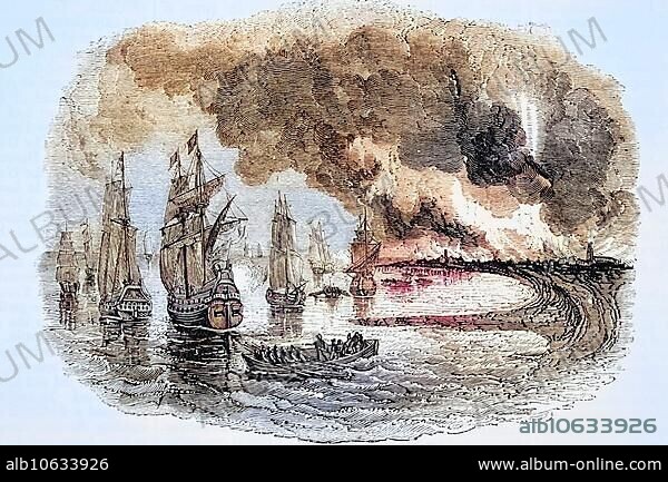 Dutch Fleet in the Medway England, Burning of Sheerness 1667, From Old England's Worthies by Lord Brougham and others published London circa 1880's, Historic, digitally restored reproduction from a 19th century original, Record date not stated.