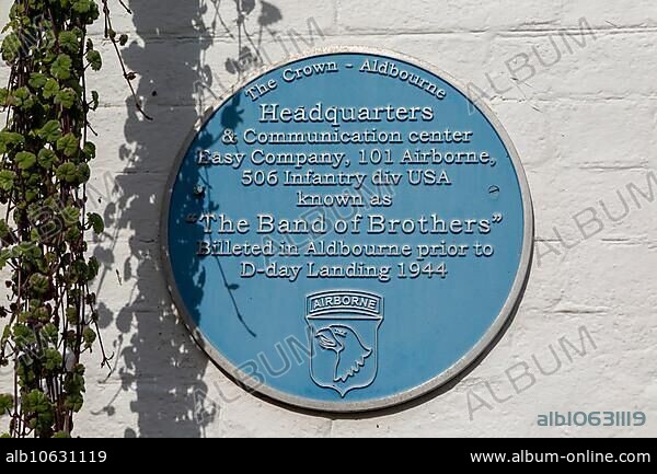 Blue plaque Easy Company, Band of Brothers, 101 Airborne, USA army, Aldbourne, Wiltshire, England, UK.