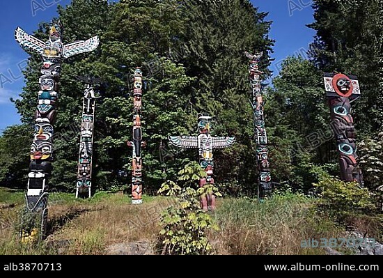 Totem poles in Stanley Park, Vancouver, British Columbia Province, Canada, North America.