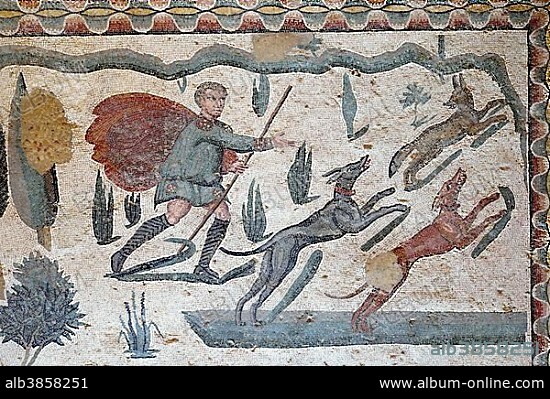 Ancient floor mosaic, Villa Casale, Villa Romana del Casale, Piazza Armerina, Sicily, Italy, Europe.
