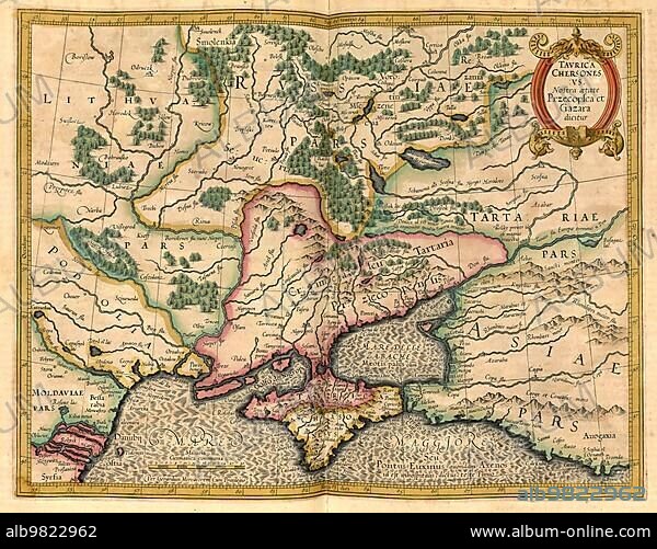 Atlas; map from 1623; tavrica chersones; Crimea; Ukraine; Black Sea; digitally restored reproduction from an engraving by Gerhard Mercator; born as Gheert Cremer; 5 March 1512; 2 December 1594; geographer and cartographer; Europe.