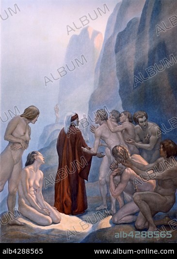 Amos Nattini (1892-1985), "The Divine Comedy" by Dante Alighieri (1265-1321). Purgatorio (Purgatory), Canto VI, Ante-Purgatory, the Late-Repentant; Meeting of the poet Sordello, who is able to explain the Rule of the Mountain. Dante meets the souls of those who died of violent death.. Private collection.. In 1921, for Dante Aligheri's 600th anniversary of death, the Istituto Nazionale Dantesco chose Amos Nattini to illustrate The Divine Comedy. The illustrations have been published in 1923.
