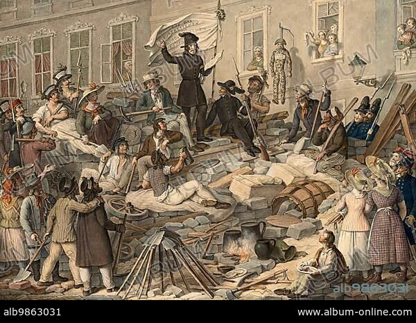 Revolution 1848, 1849 in the Empire of Austria, Speech of a student to the workers in the Märzgasse (lower Bäckerstraße) on 27 May 1848 in Vienna, Austria, Historical, digitally restored reproduction from an original of the time, Europe.