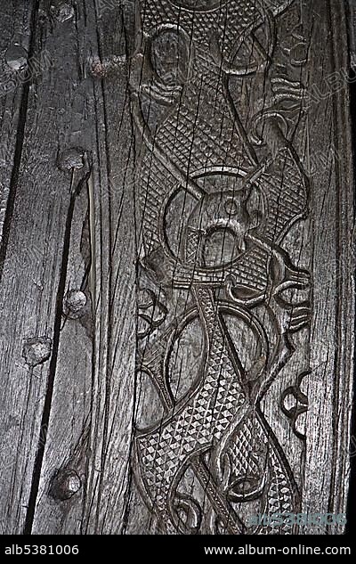 Carvings on the Oseberg Ship at the Viking Ship Museum, BygdÃ¸y, Oslo, Norway, Scandinavia, Europe.
