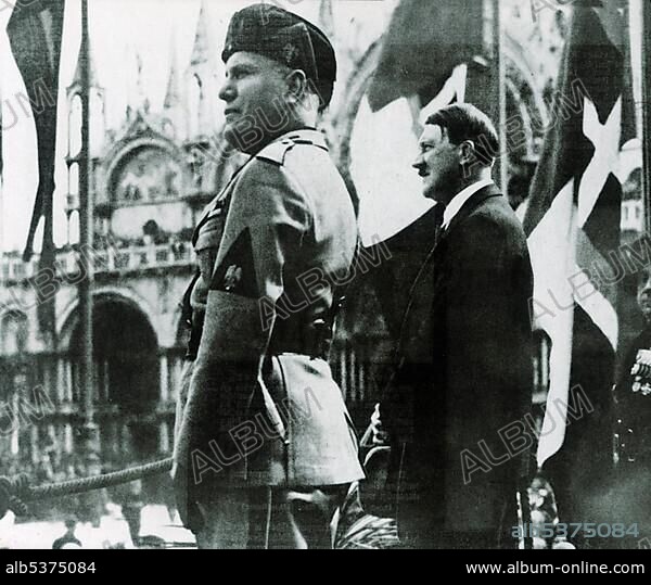 Benito Mussolini and Adolf Hitler during a parade at the Piazza San Marco, Venice, Italy, Europe, historical photo circa 1937, Europe.