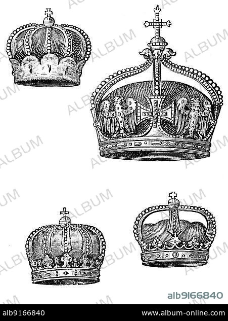 Crowns, Elector's hat, Crown of the German Crown Prince, Crown of the Princes from Royal Houses, Crown of the Hereditary Princes from Ducal Houses, Historic, digitally restored reproduction of a 19th century original.